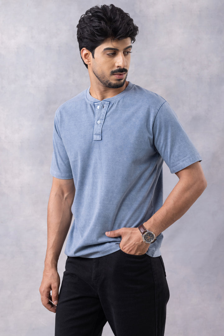 Blue Acid Washed Henley Neck T-shirt