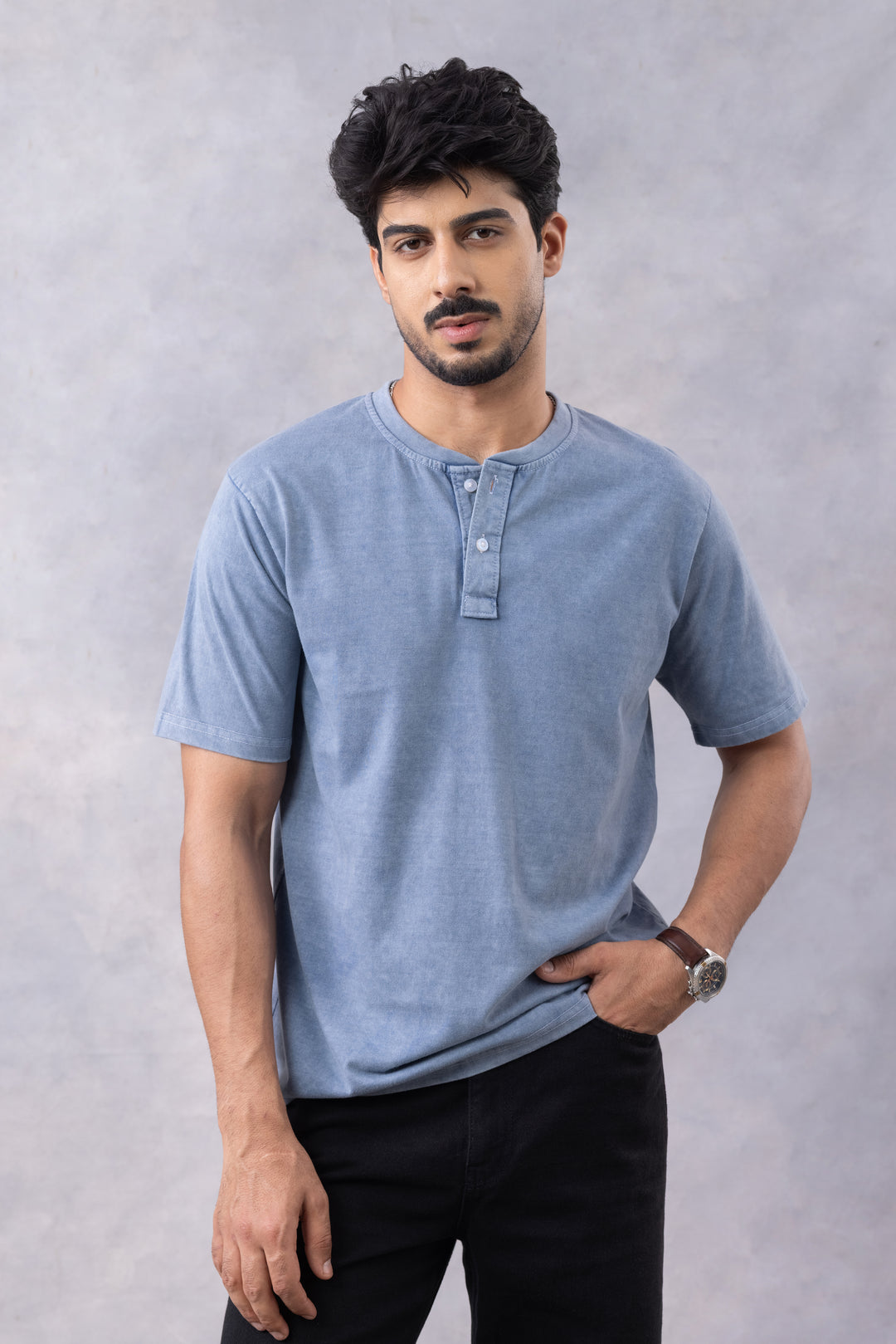 Blue Acid Washed Henley Neck T-shirt