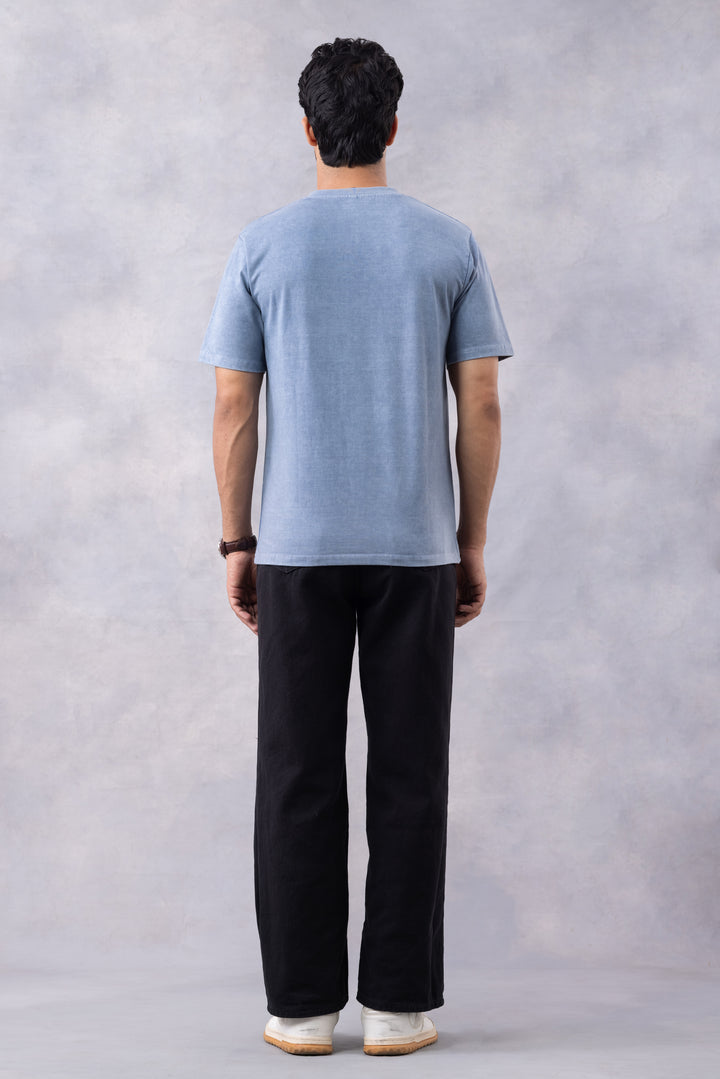 Blue Acid Washed Henley Neck T-shirt