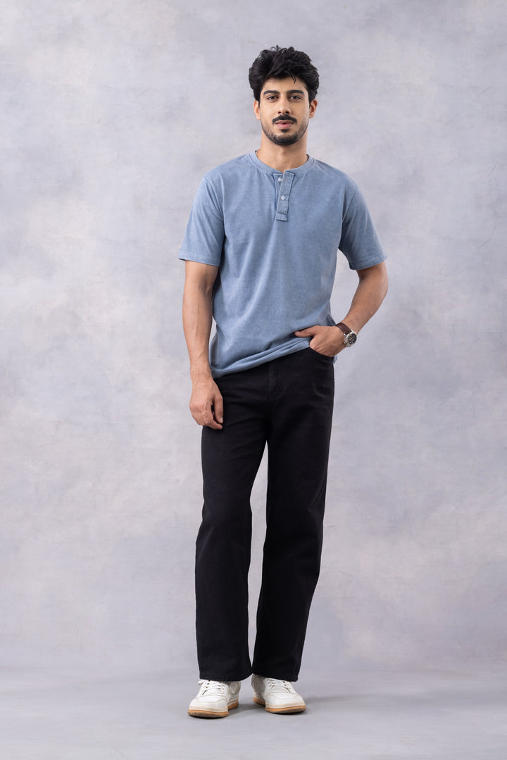 Blue Acid Washed Henley Neck T-shirt
