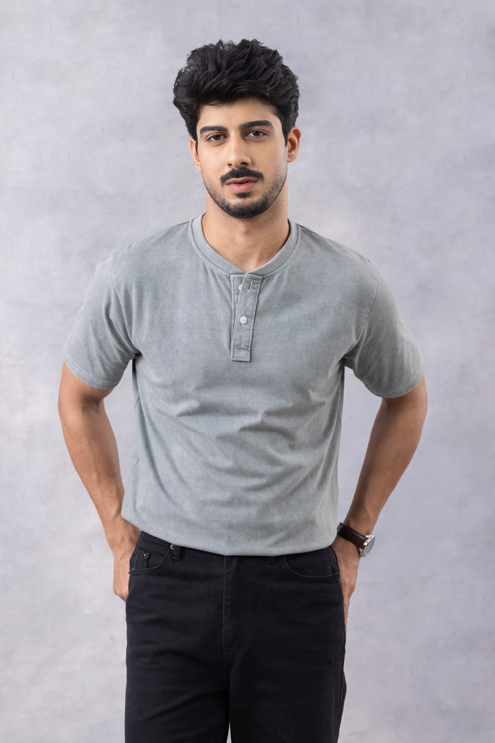 Light Green Acid Washed Henley Neck T-Shirt
