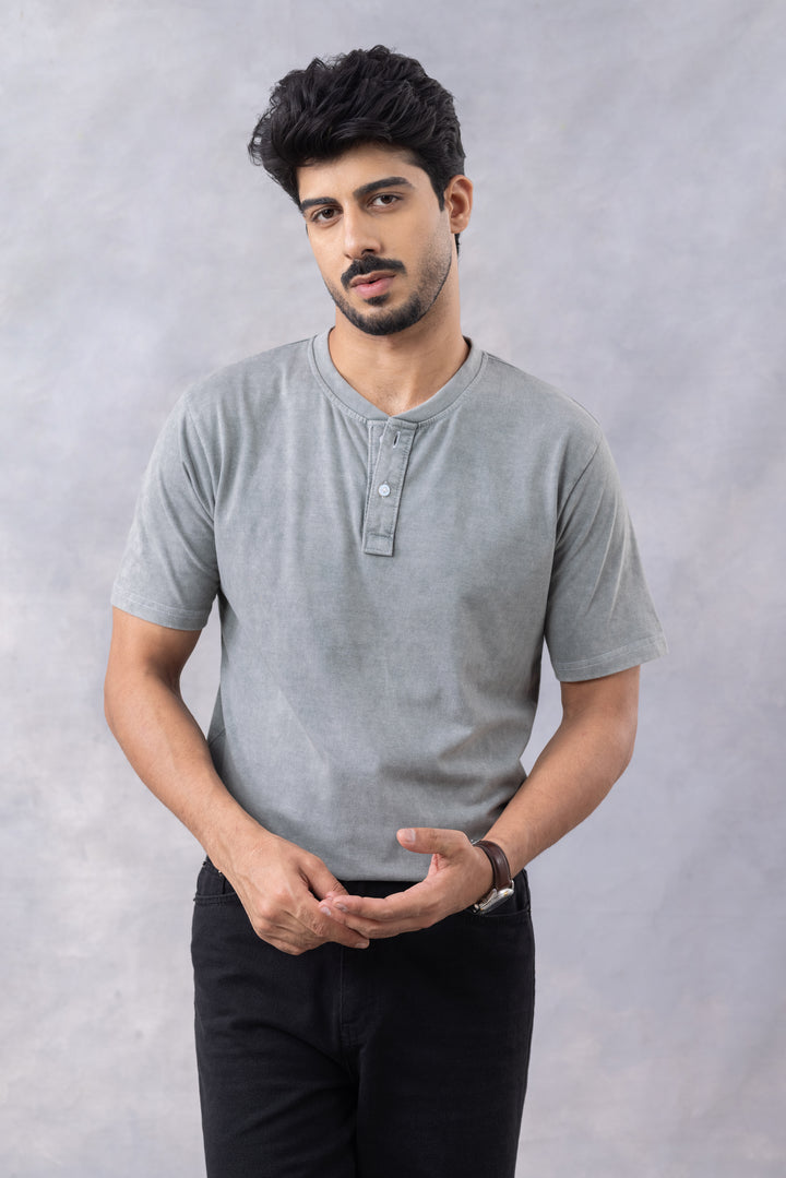 Light Green Acid Washed Henley Neck T-Shirt