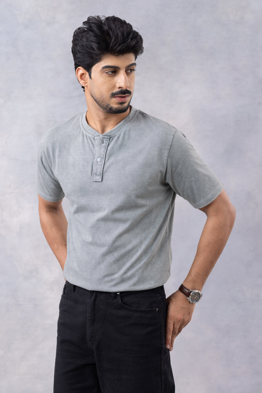 Light Green Acid Washed Henley Neck T-Shirt