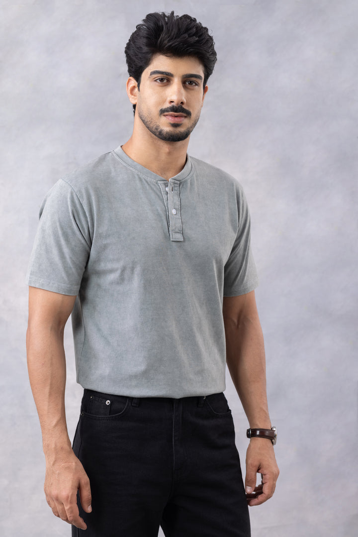 Light Green Acid Washed Henley Neck T-Shirt