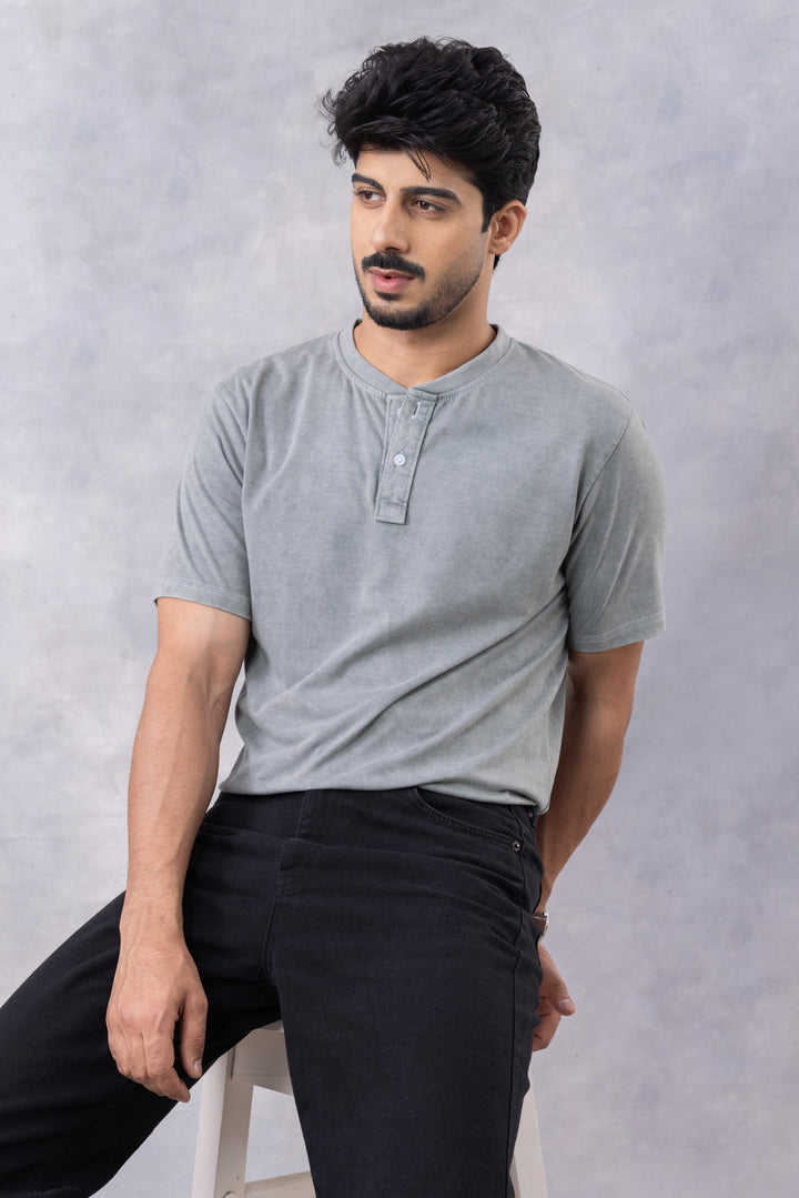 Light Green Acid Washed Henley Neck T-Shirt