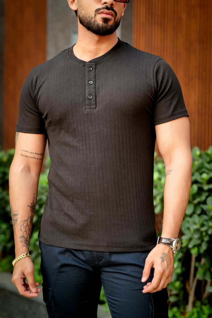 Black Cotton (Drop Needle) Self Design Henley T-Shirt