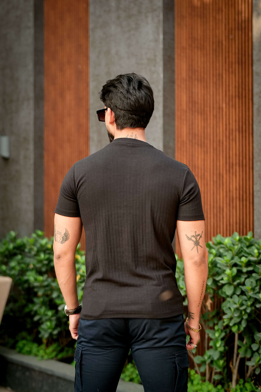 Black Cotton (Drop Needle) Self Design Henley T-Shirt