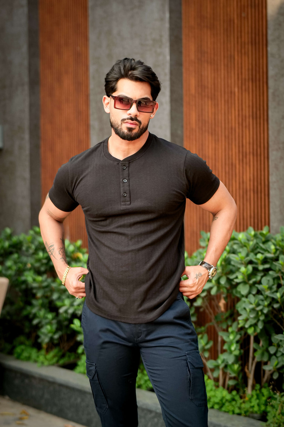Black Cotton (Drop Needle) Self Design Henley T-Shirt