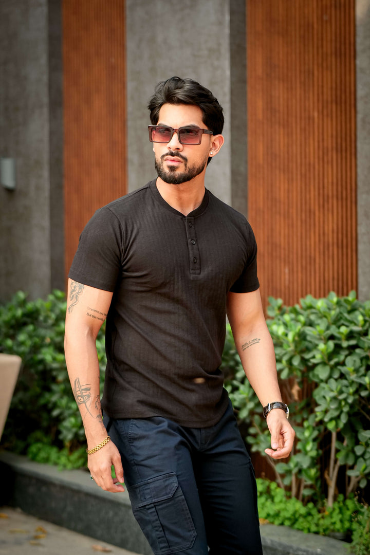Black Cotton (Drop Needle) Self Design Henley T-Shirt