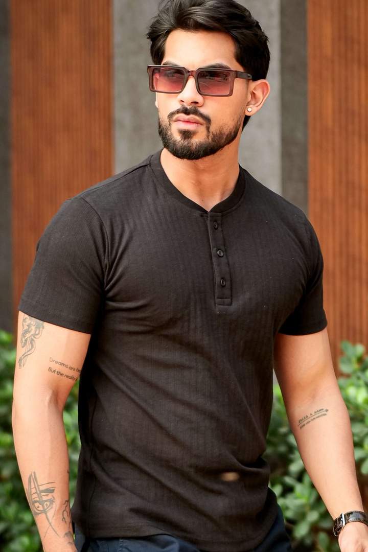 Black Cotton (Drop Needle) Self Design Henley T-Shirt