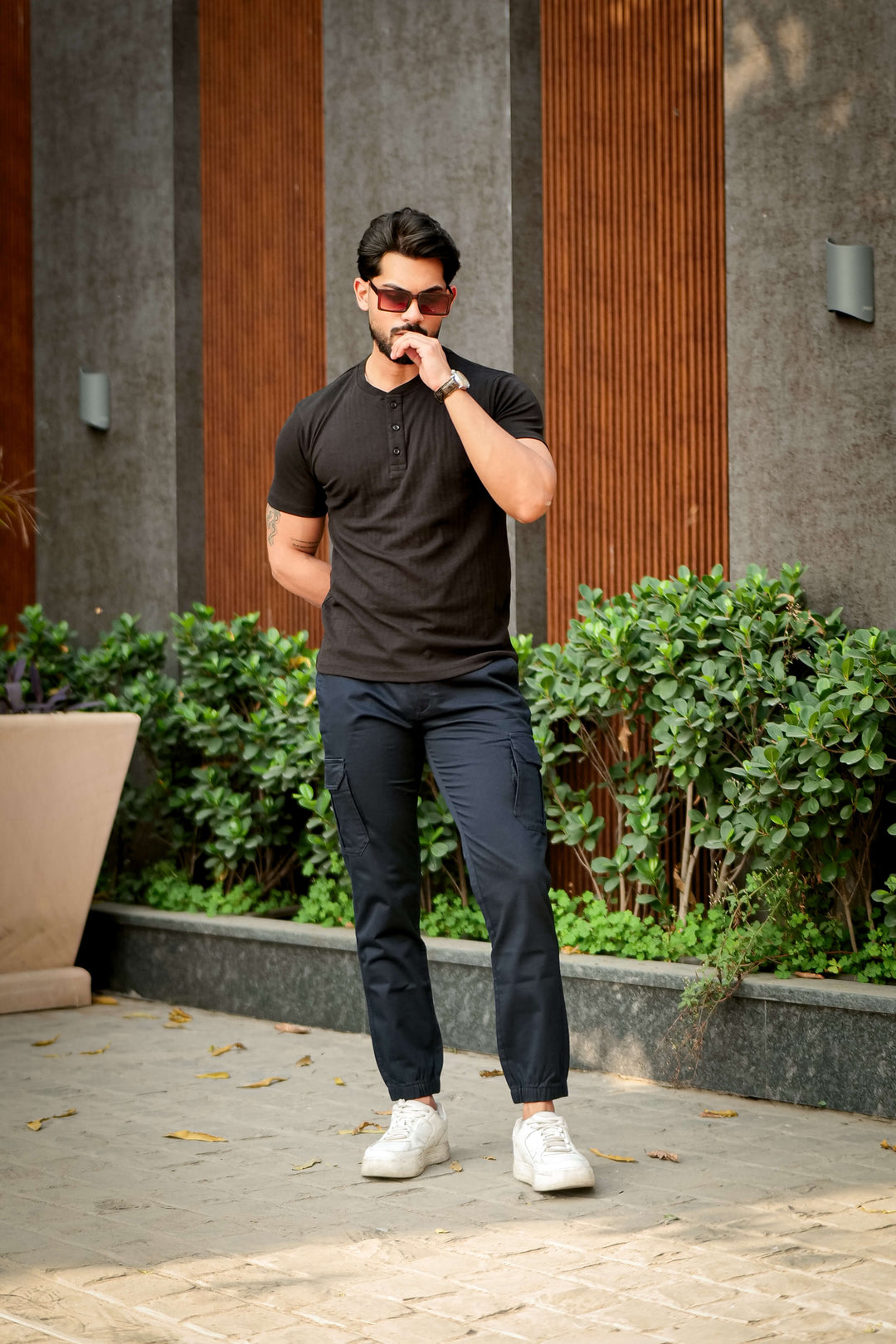 Black Cotton (Drop Needle) Self Design Henley T-Shirt
