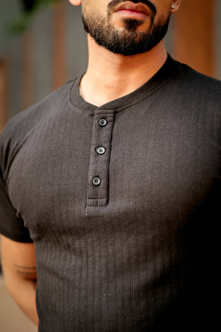 Black Cotton (Drop Needle) Self Design Henley T-Shirt