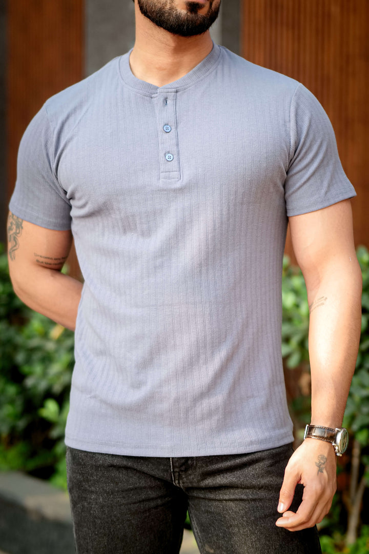Blue Cotton (Drop Needle) Self Design Henley T-Shirt