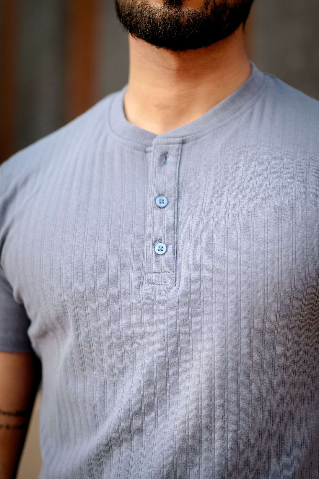 Blue Cotton (Drop Needle) Self Design Henley T-Shirt