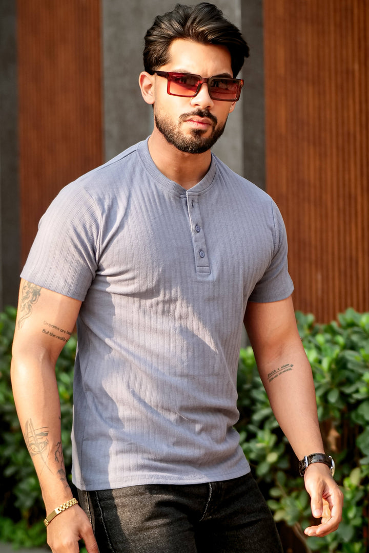 Blue Cotton (Drop Needle) Self Design Henley T-Shirt