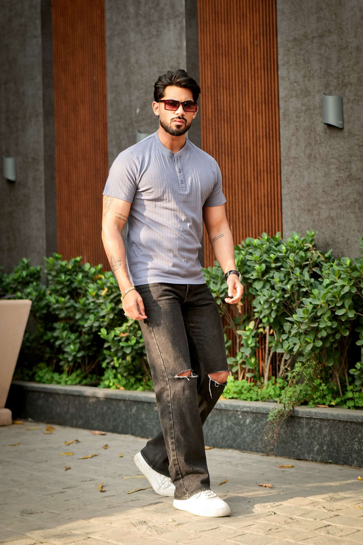 Blue Cotton (Drop Needle) Self Design Henley T-Shirt