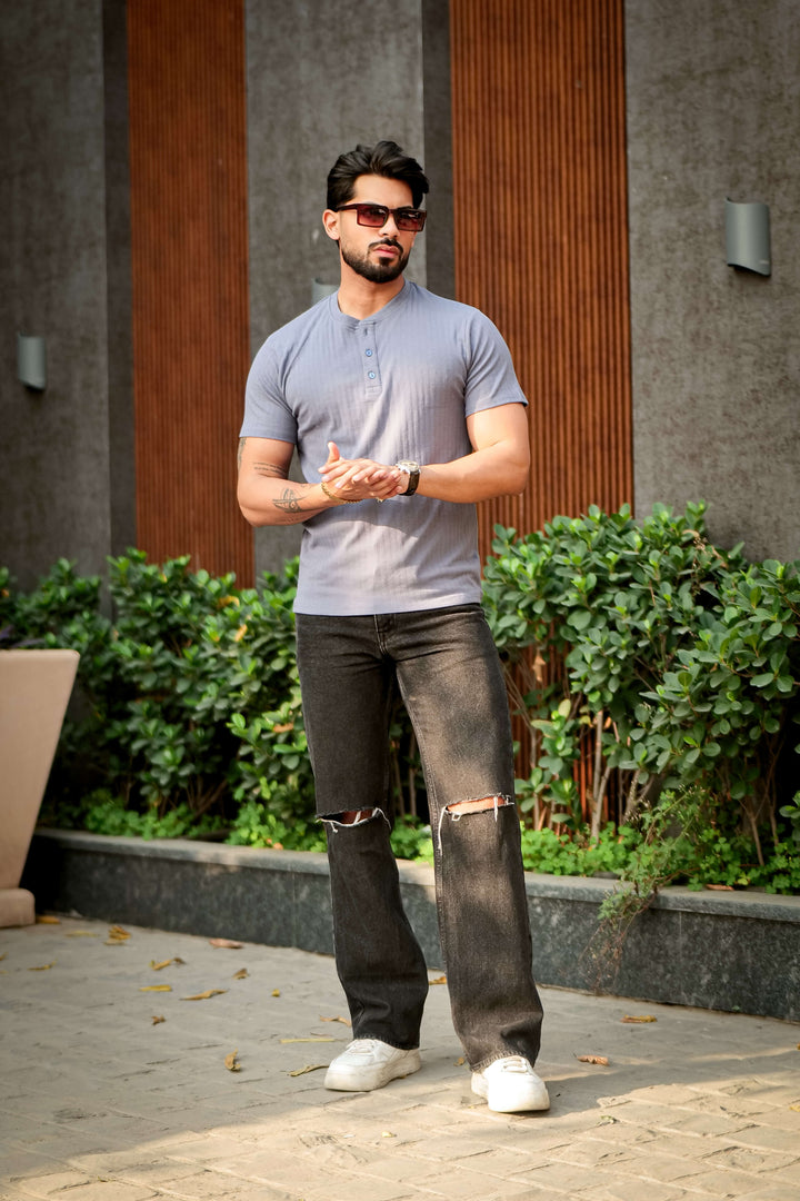 Blue Cotton (Drop Needle) Self Design Henley T-Shirt