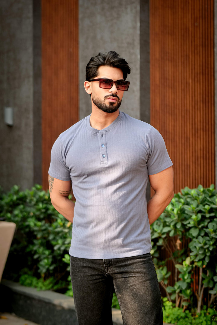Blue Cotton (Drop Needle) Self Design Henley T-Shirt