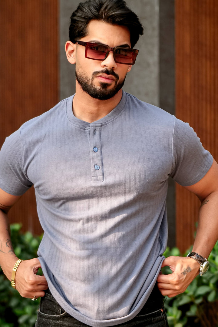 Blue Cotton (Drop Needle) Self Design Henley T-Shirt