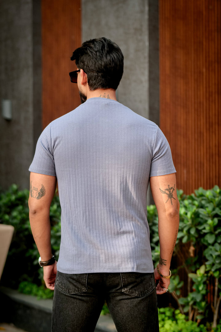 Blue Cotton (Drop Needle) Self Design Henley T-Shirt