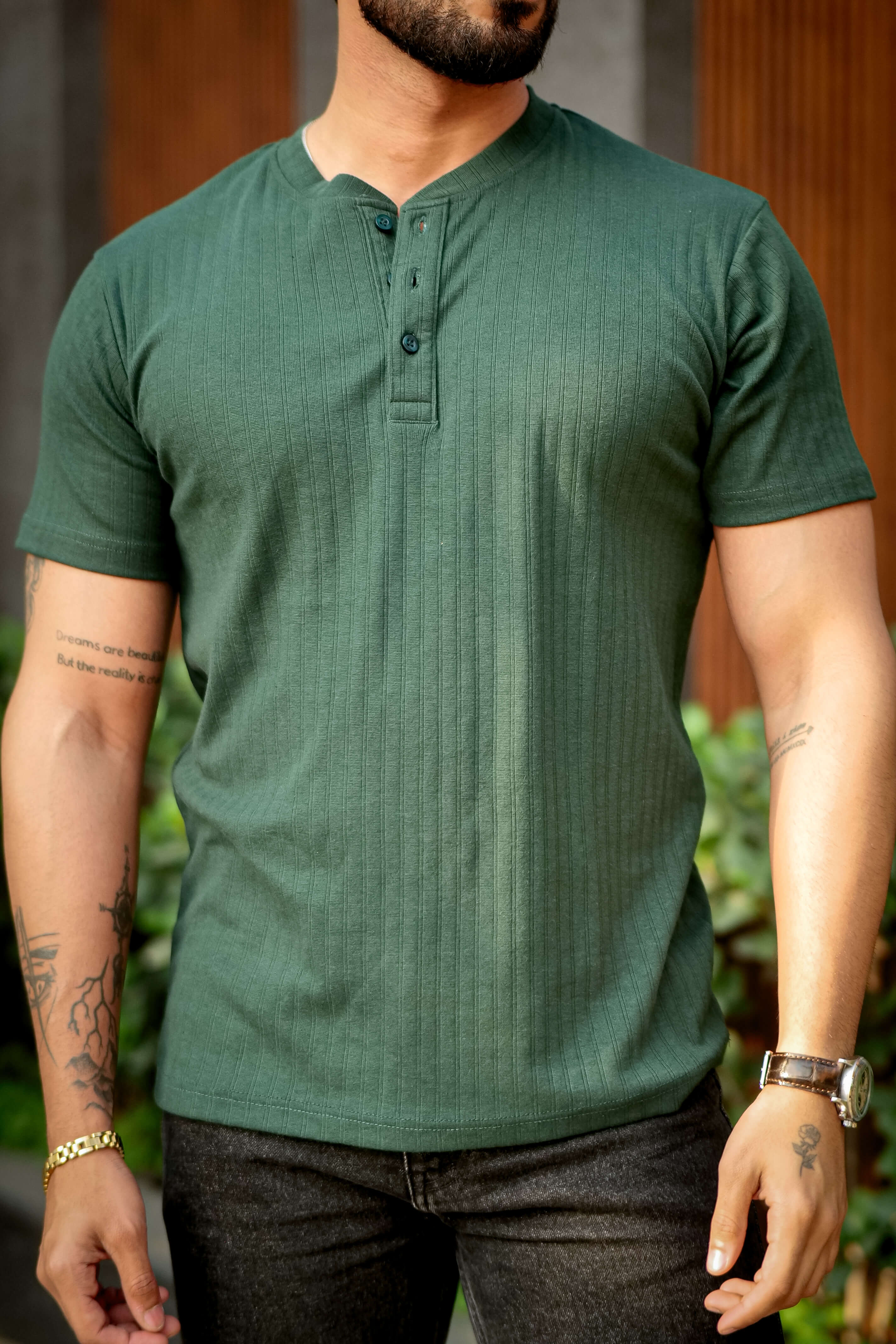 Green Self Cotton(Drop needle) Henley Neck T-Shirt