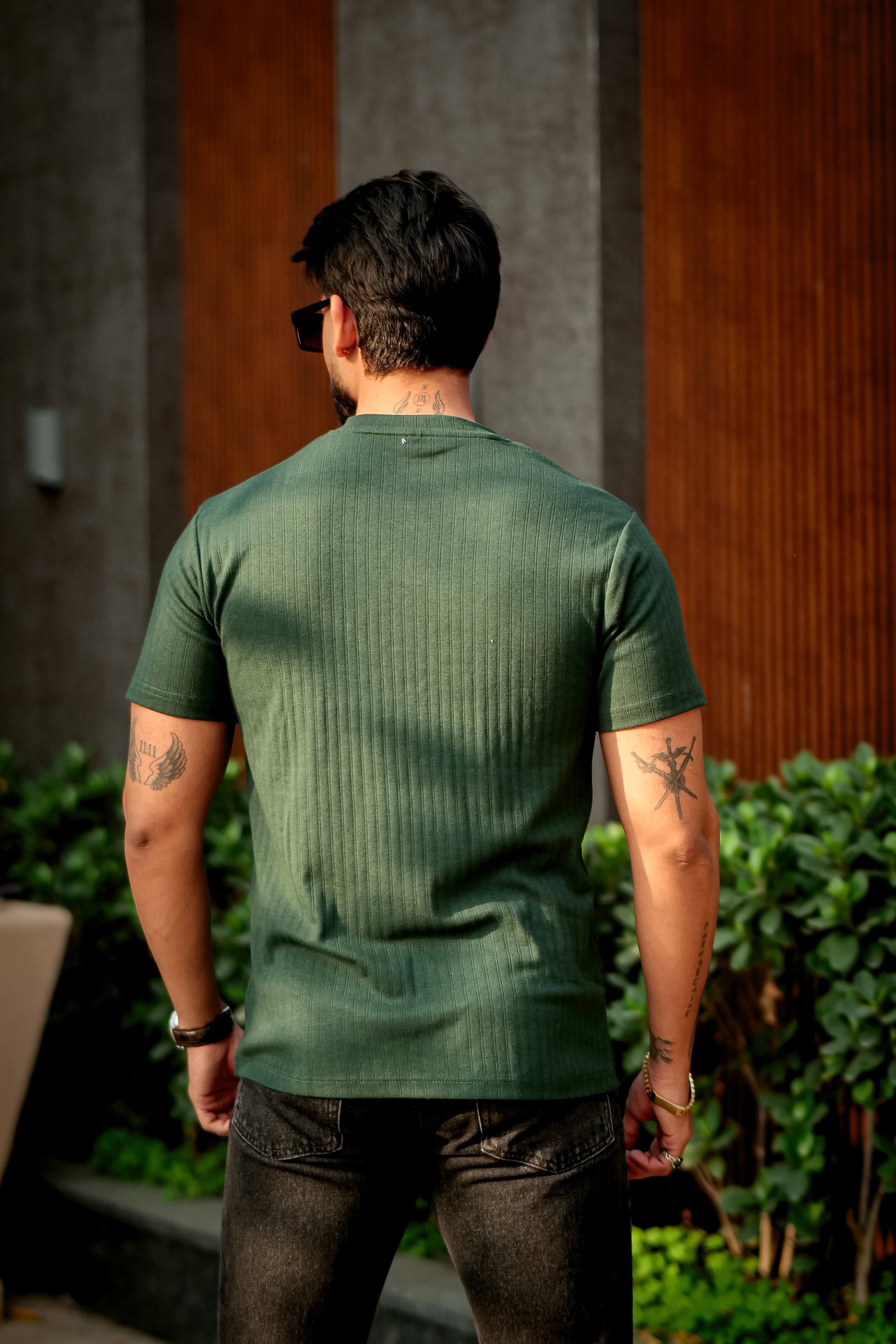 Green Self Cotton(Drop needle) Henley Neck T-Shirt