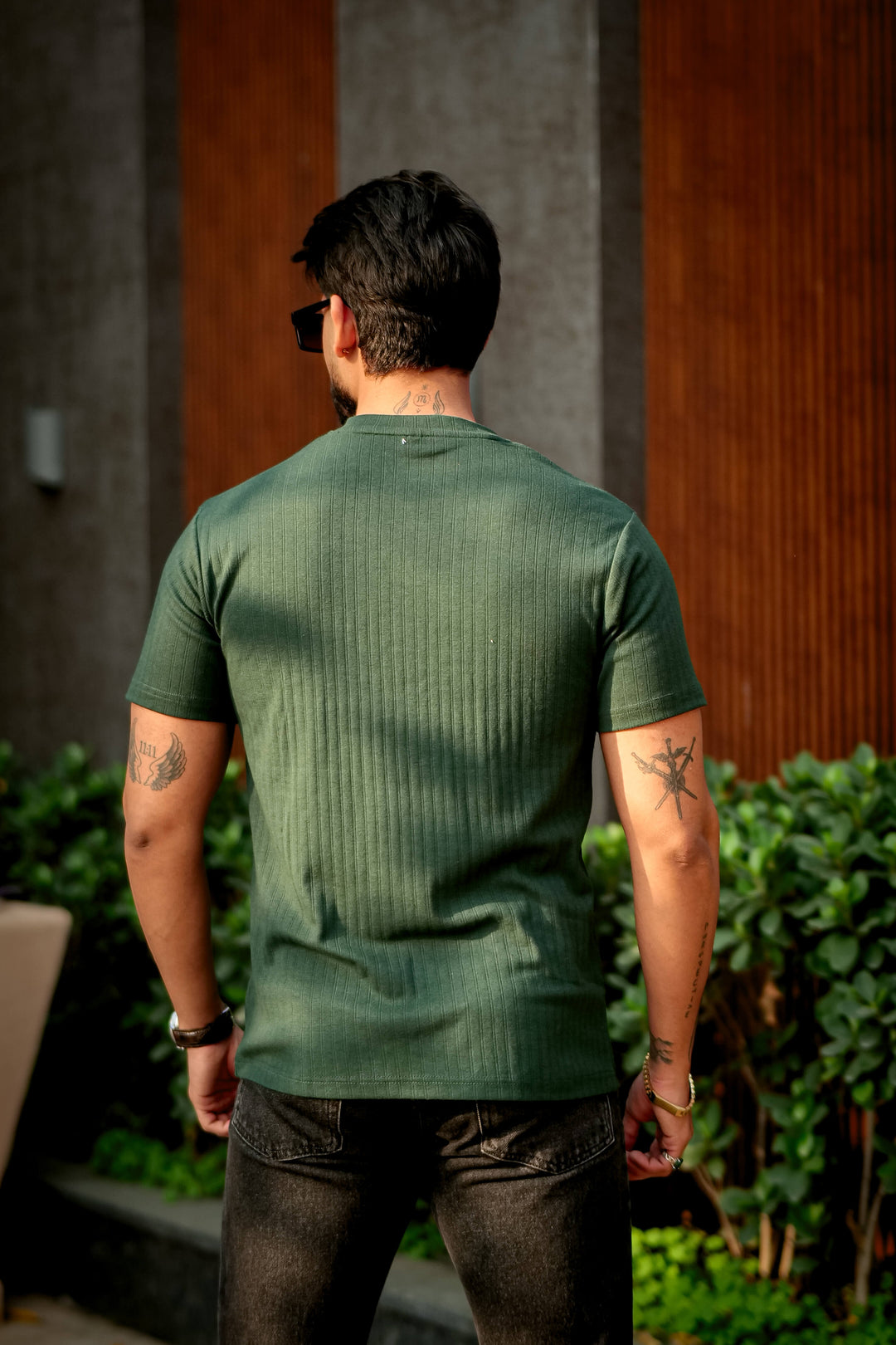 Green Self Cotton(Drop needle) Henley Neck T-Shirt
