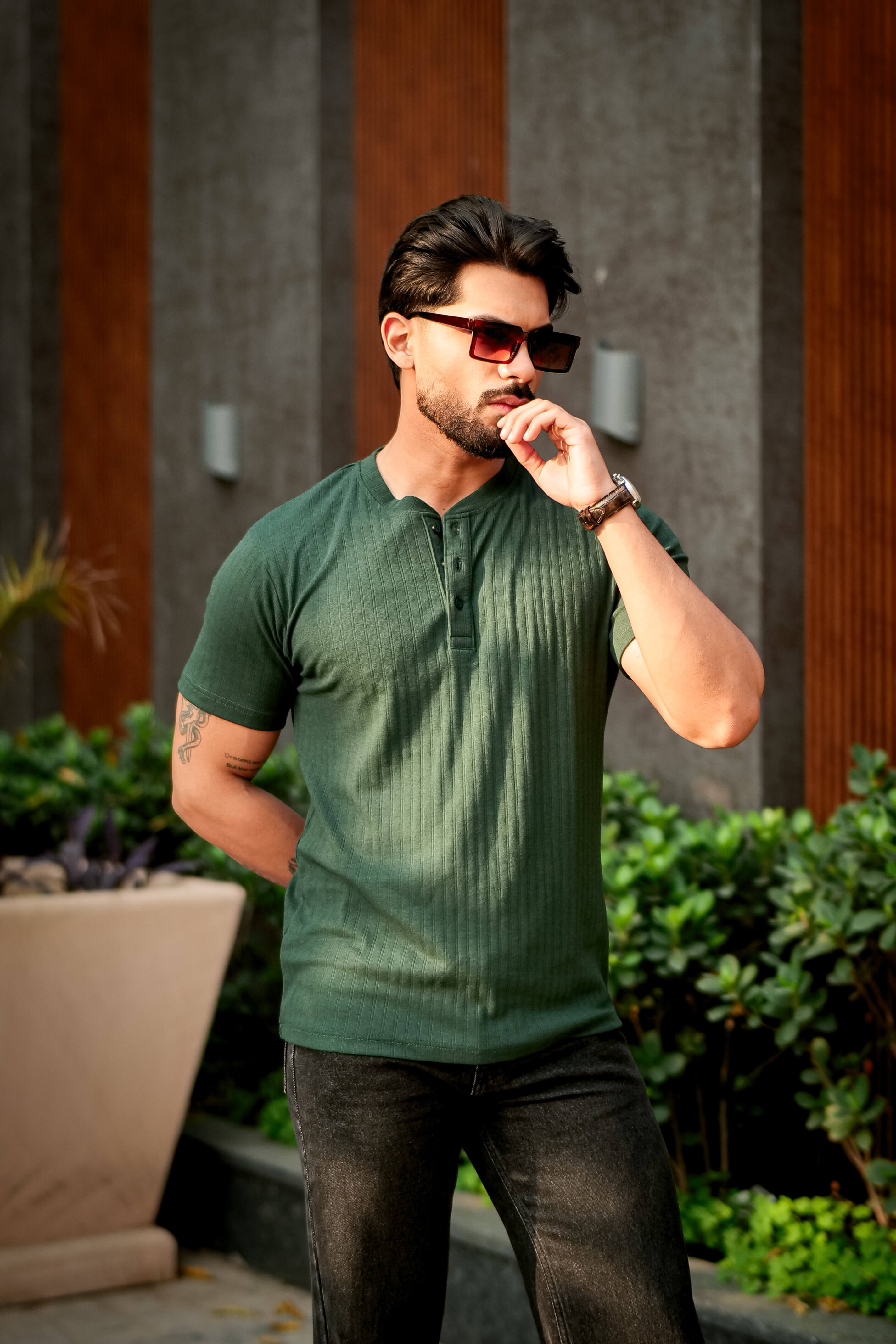 Green Self Cotton(Drop needle) Henley Neck T-Shirt