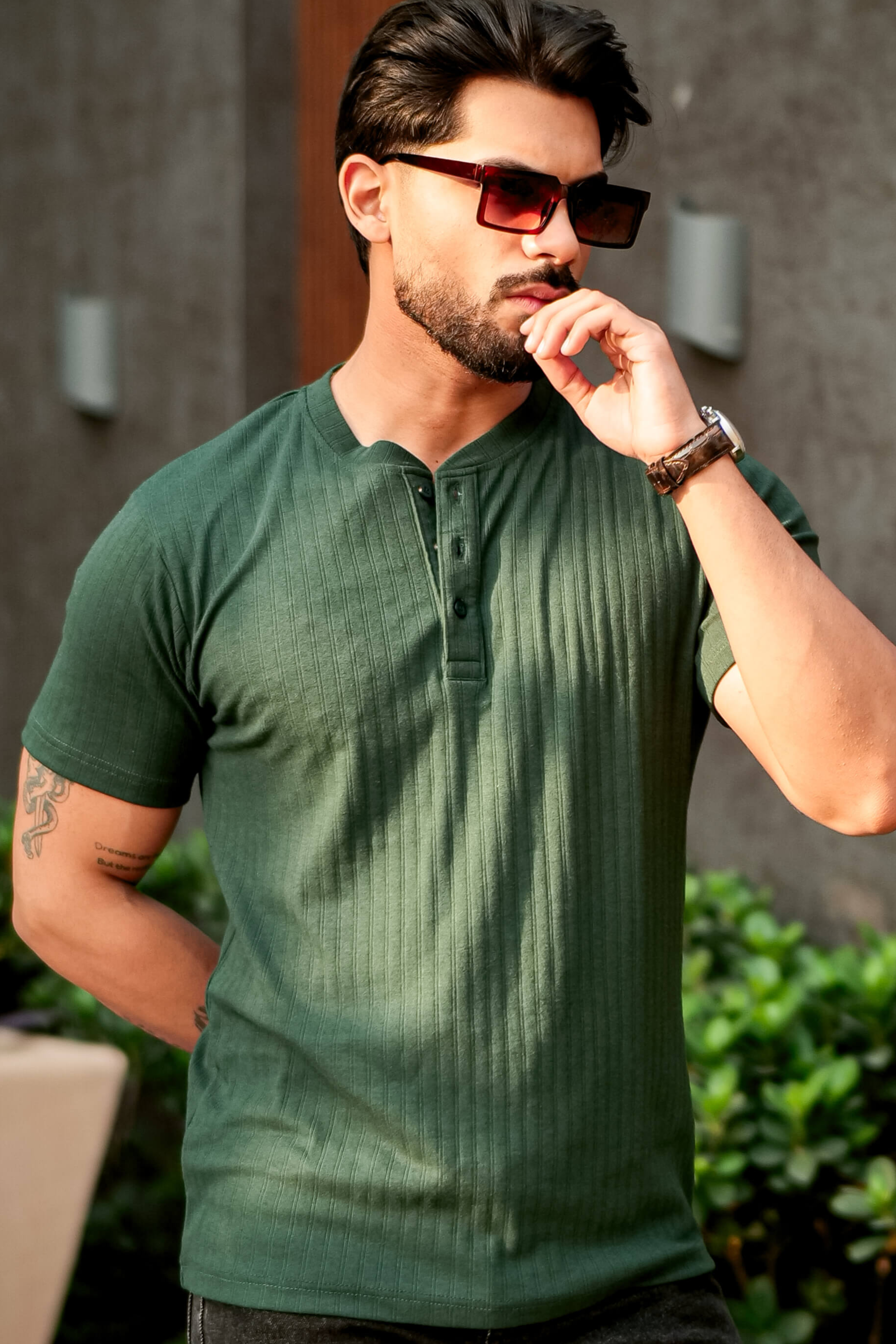 Green Self Cotton(Drop needle) Henley Neck T-Shirt