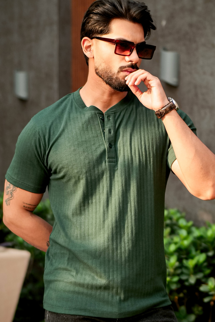 Green Self Cotton(Drop needle) Henley Neck T-Shirt