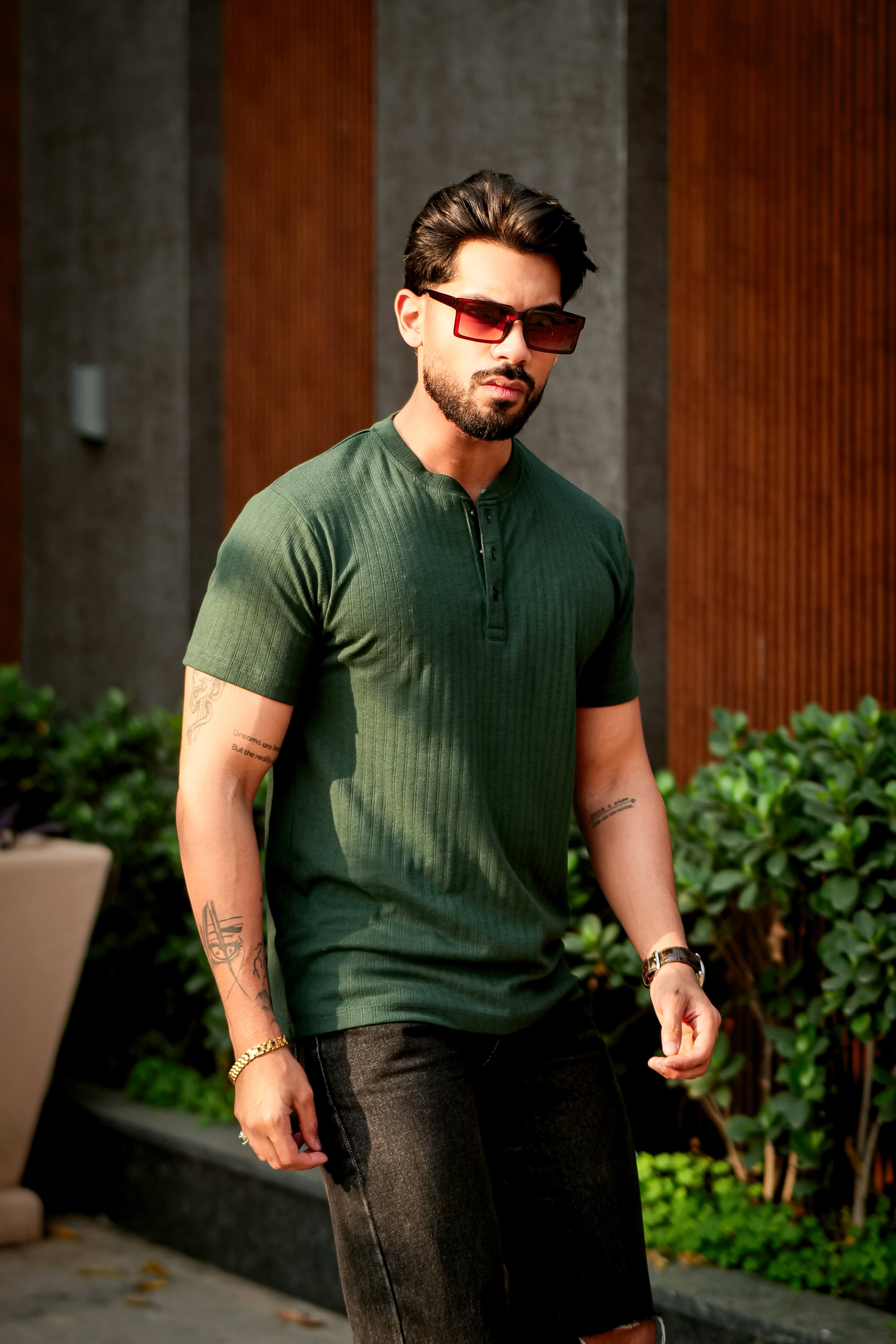 Green Self Cotton(Drop needle) Henley Neck T-Shirt