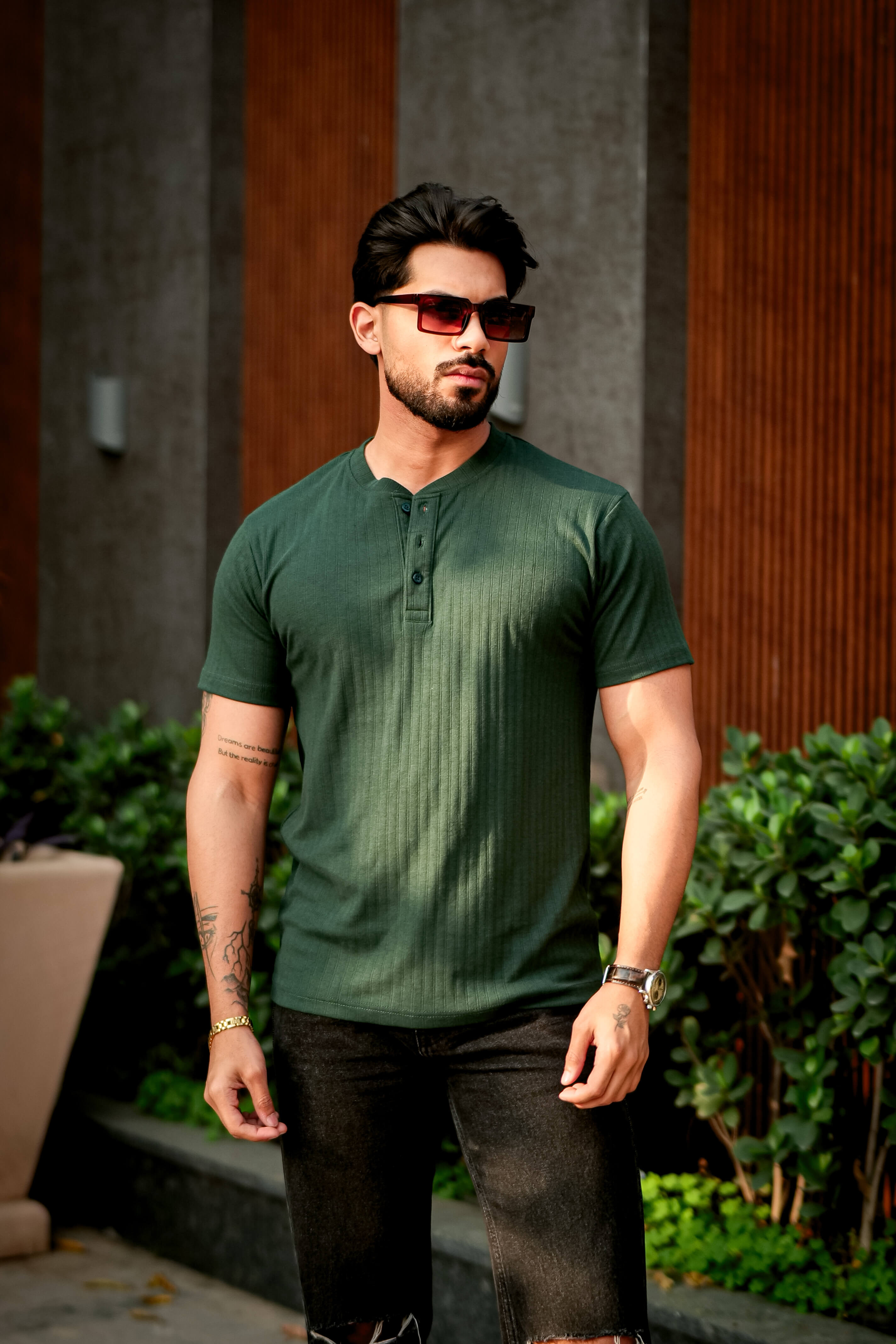 Green Self Cotton(Drop needle) Henley Neck T-Shirt