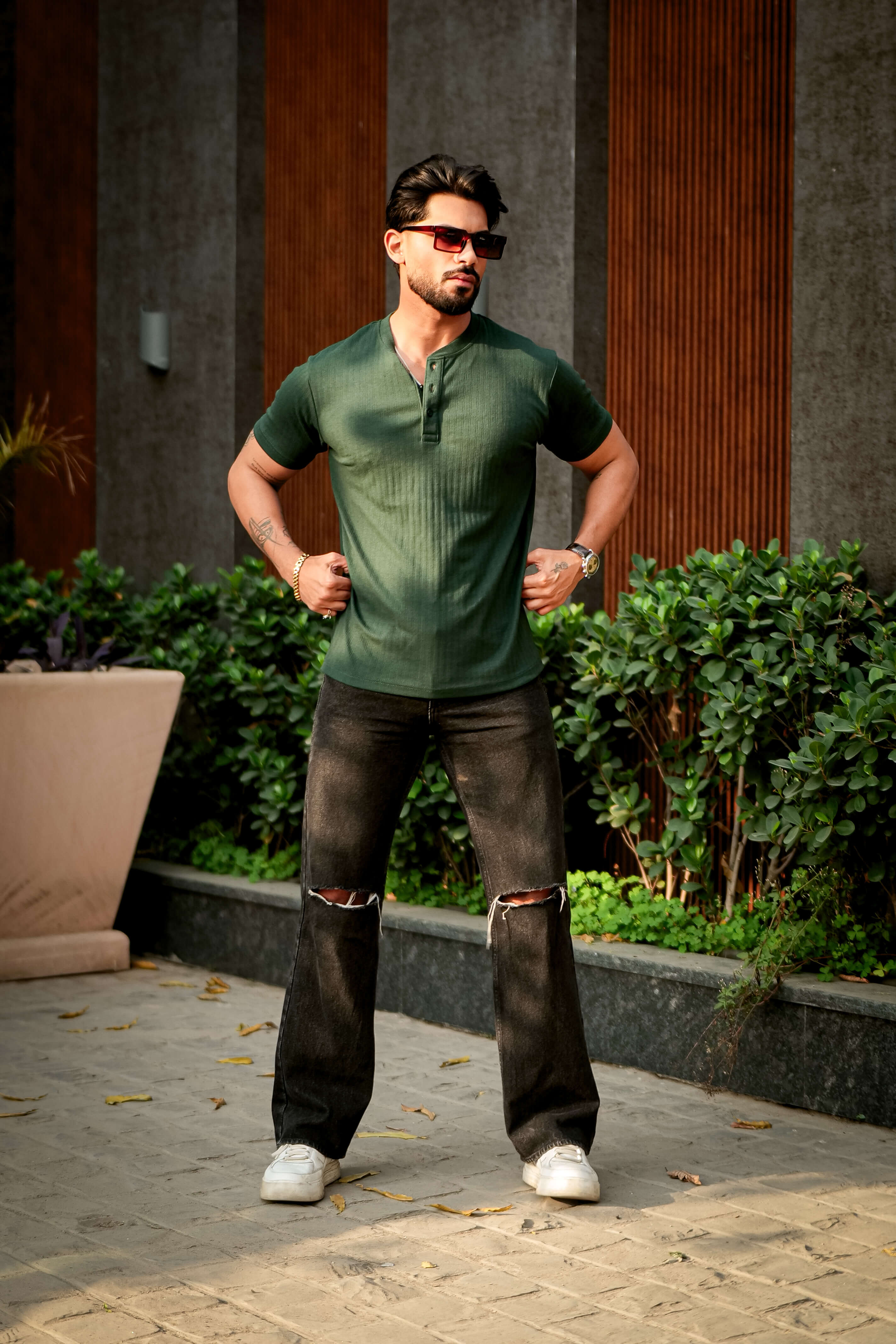 Green Self Cotton(Drop needle) Henley Neck T-Shirt