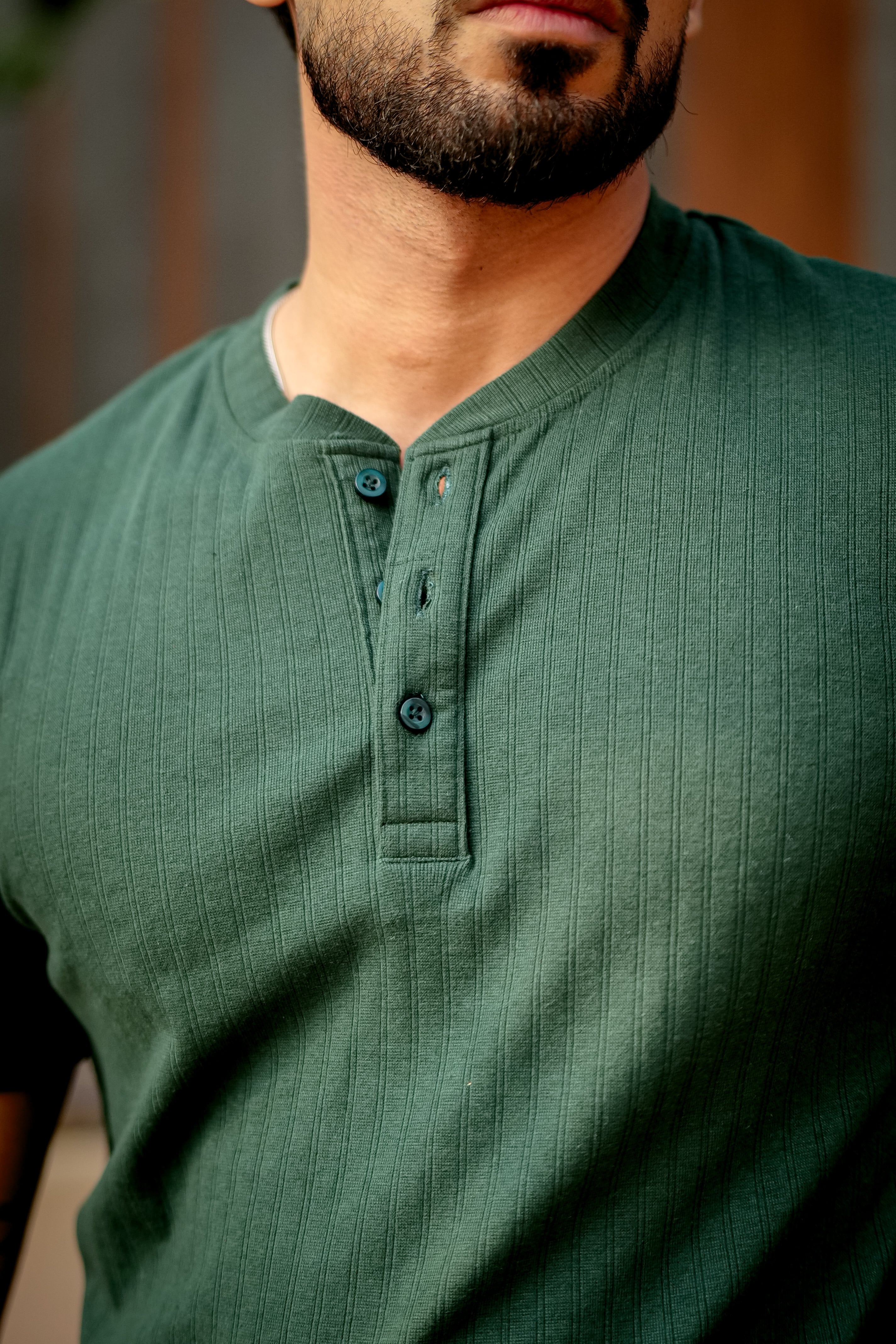 Green Self Cotton(Drop needle) Henley Neck T-Shirt