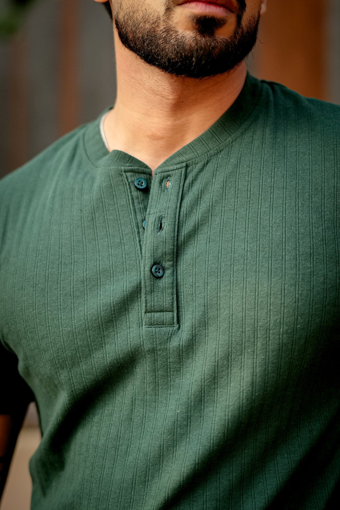 Green Self Cotton(Drop needle) Henley Neck T-Shirt