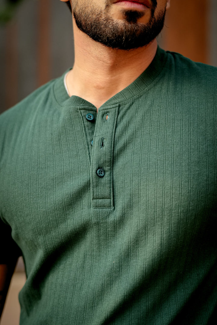 Green Self Cotton(Drop needle) Henley Neck T-Shirt