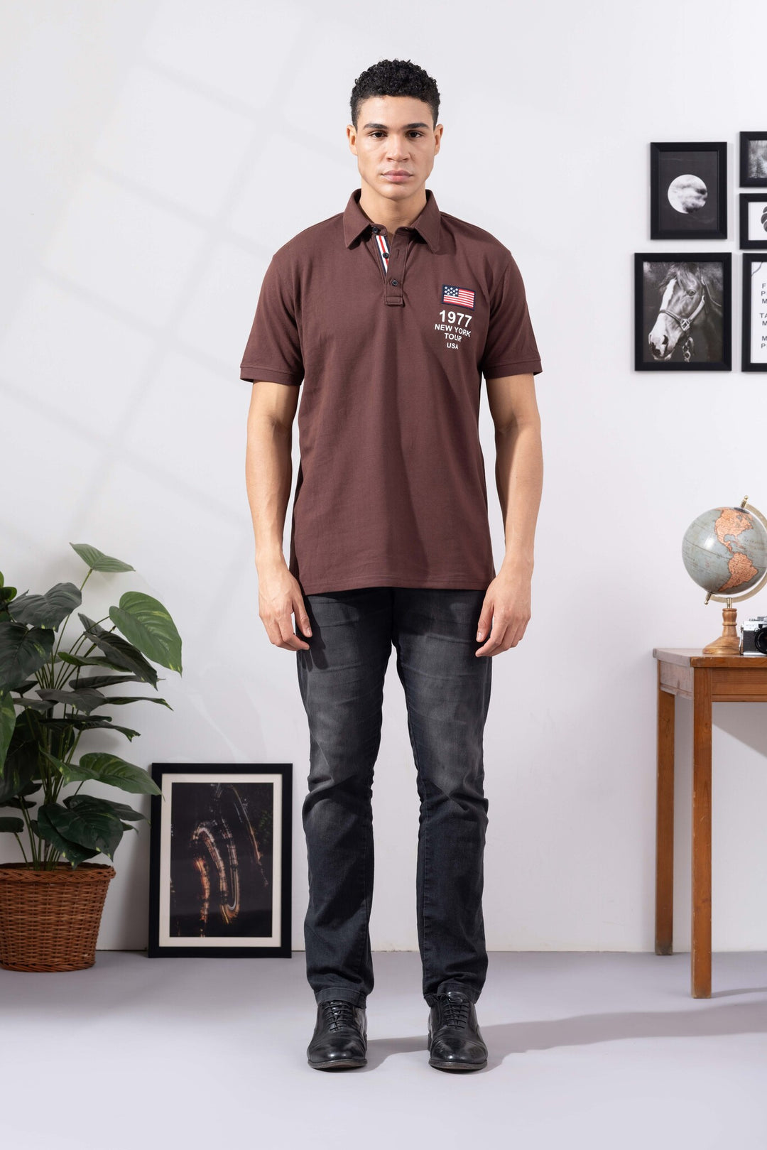 Brown Cotton Half Sleeve Printed Polo T-Shirt with Collar