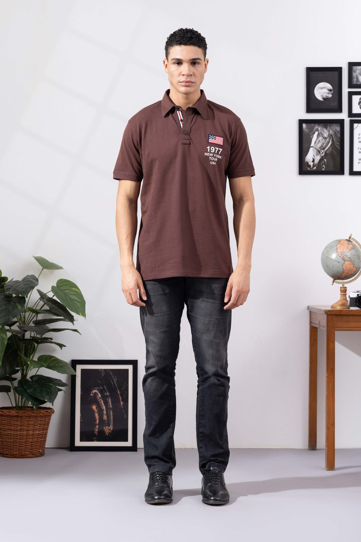 Brown Cotton Half Sleeve Printed Polo T-Shirt with Collar