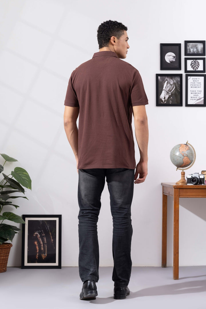 Brown Cotton Half Sleeve Printed Polo T-Shirt with Collar