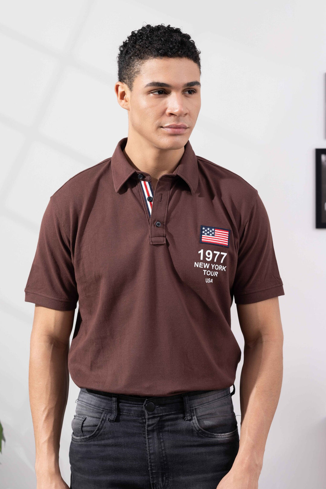 Brown Cotton Half Sleeve Printed Polo T-Shirt with Collar