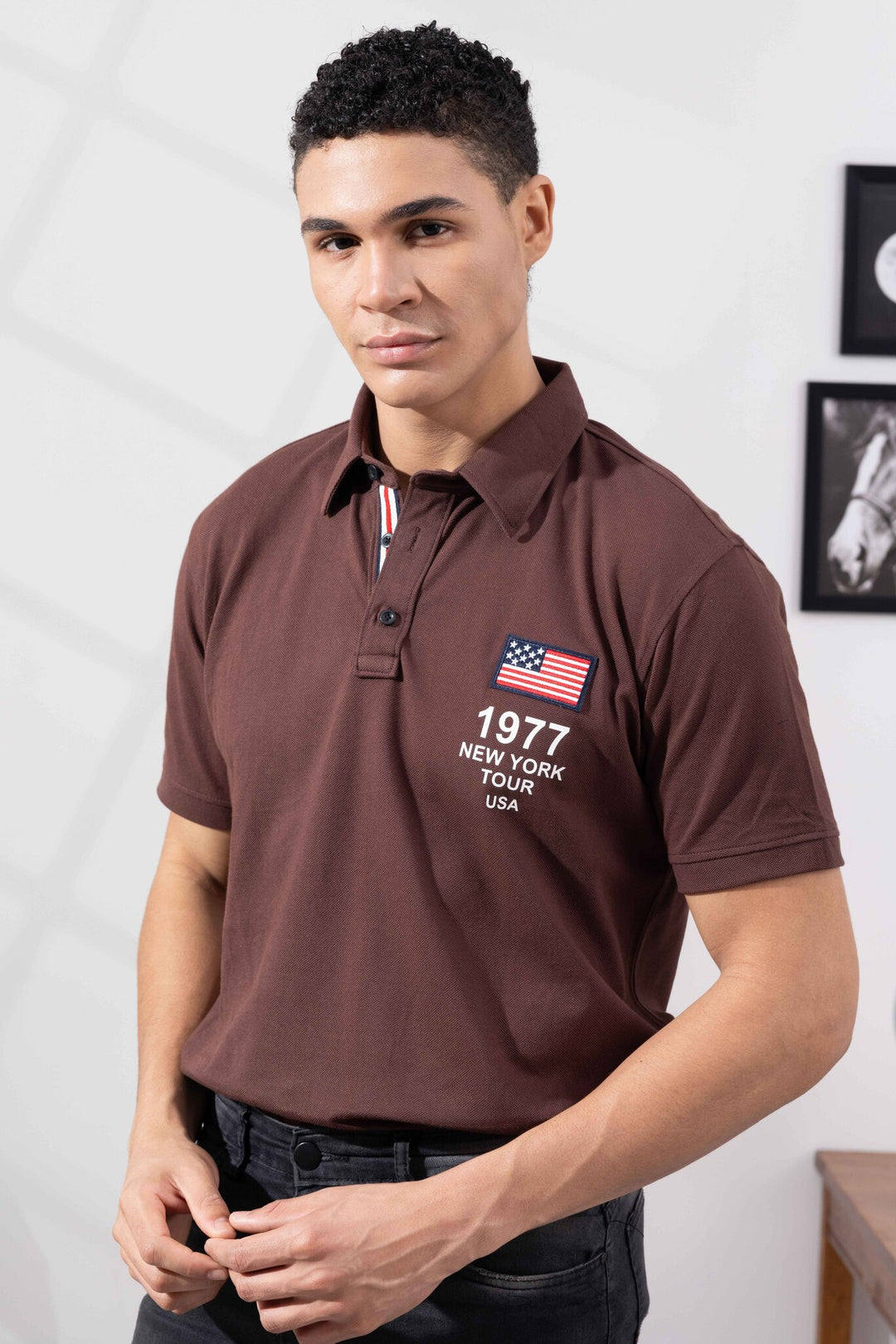Brown Cotton Half Sleeve Printed Polo T-Shirt with Collar