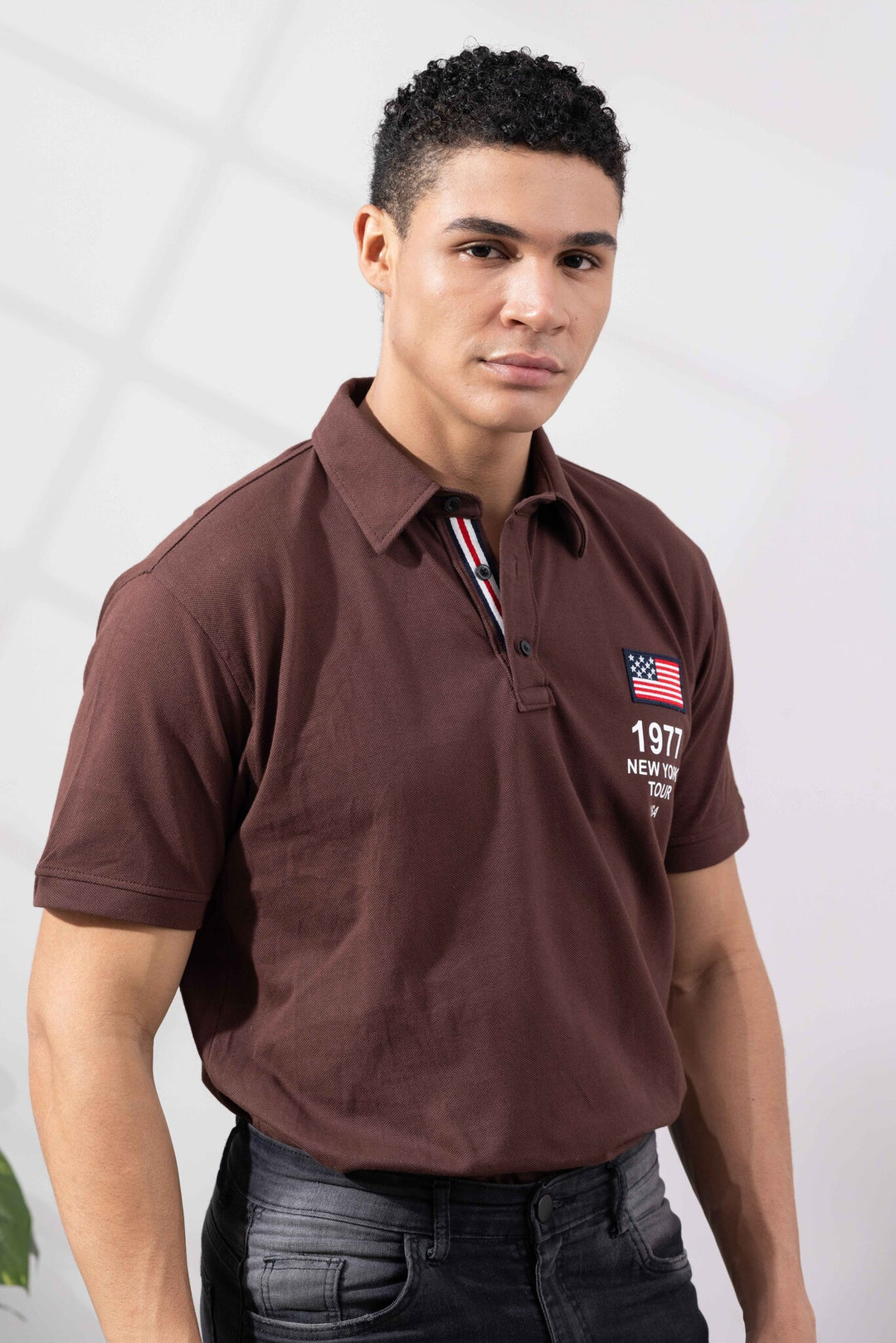 Brown Cotton Half Sleeve Printed Polo T-Shirt with Collar