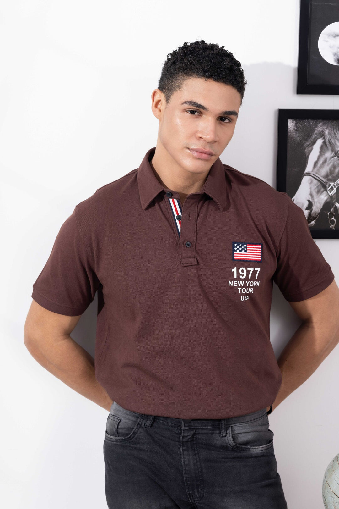 Brown Cotton Half Sleeve Printed Polo T-Shirt with Collar