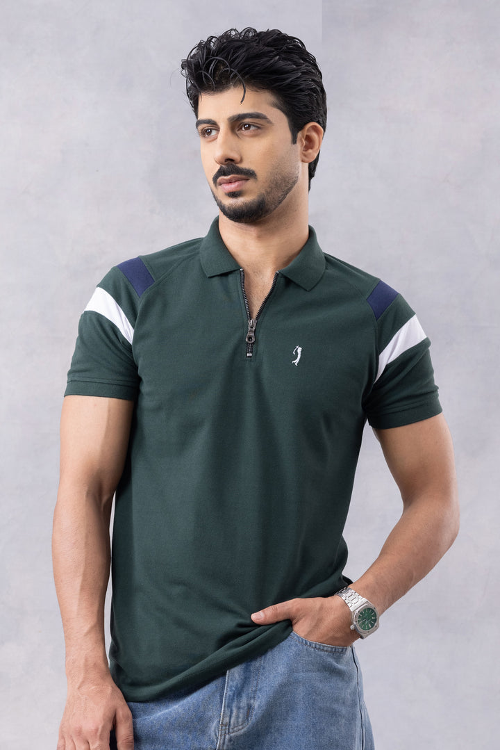 Dark Green Color Block Zipper Polo T-Shirt