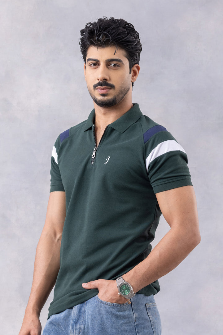 Dark Green Color Block Zipper Polo T-Shirt