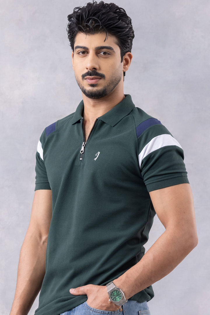 Dark Green Color Block Zipper Polo T-Shirt