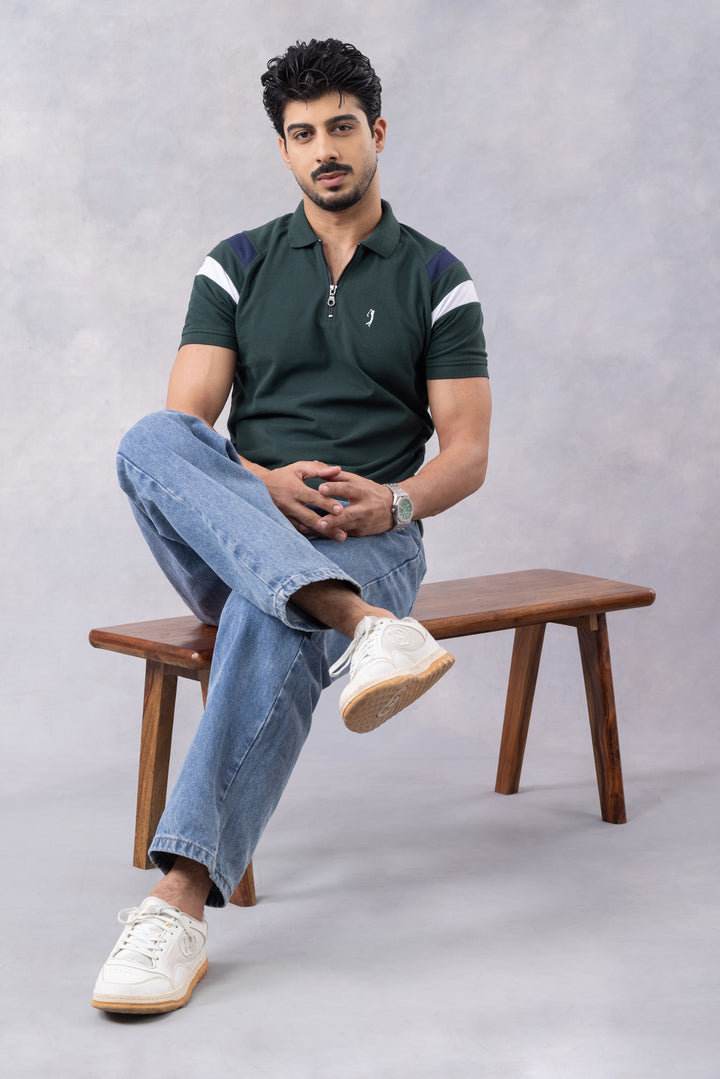 Dark Green Color Block Zipper Polo T-Shirt