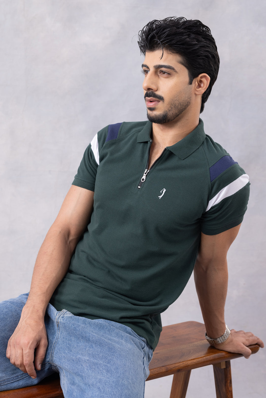 Dark Green Color Block Zipper Polo T-Shirt