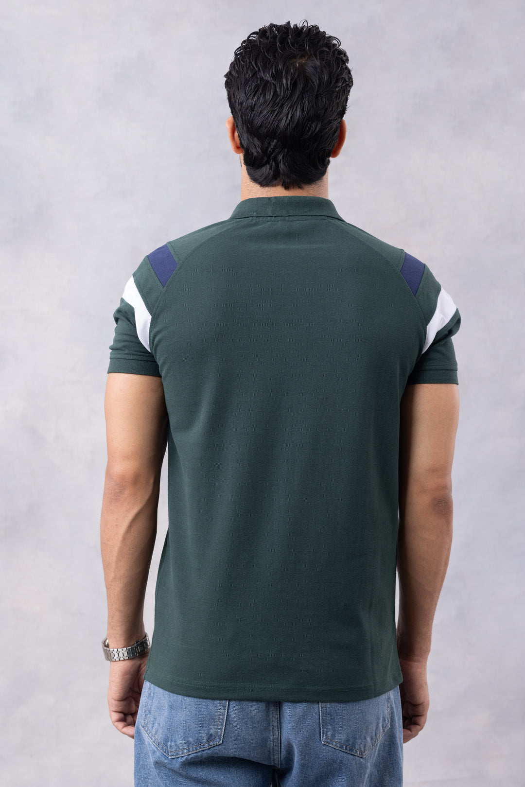 Dark Green Color Block Zipper Polo T-Shirt