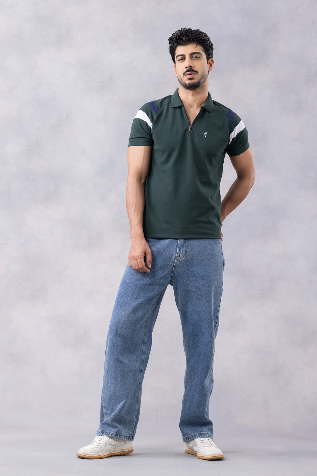 Dark Green Color Block Zipper Polo T-Shirt